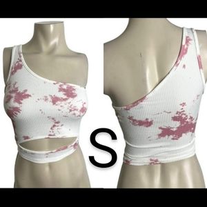 🆕White/Pink Tie Dye Ribbed Cut Out Crop Top~Size S